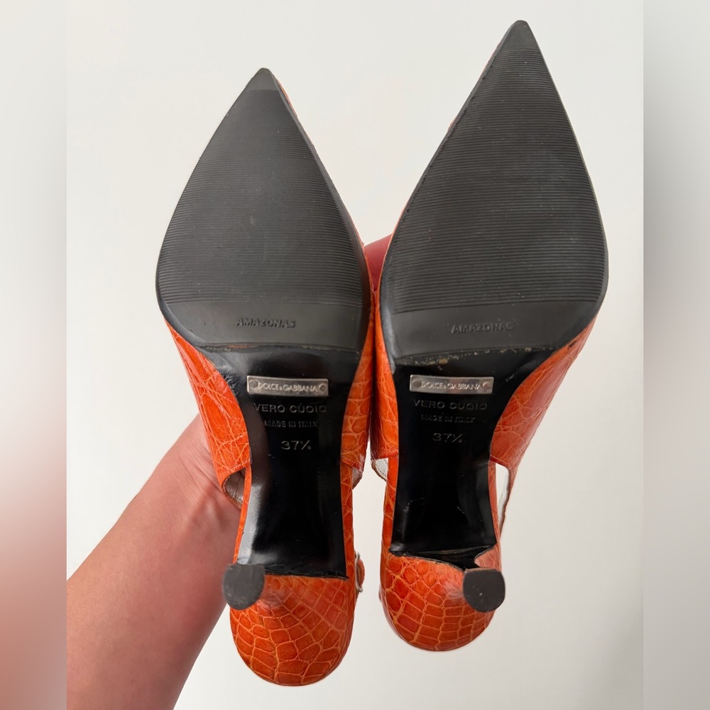 DOLCE & GABBANA | Orange Croc Embossed Slingback Kitten Heels EU 37.5 - Picture 11 of 13